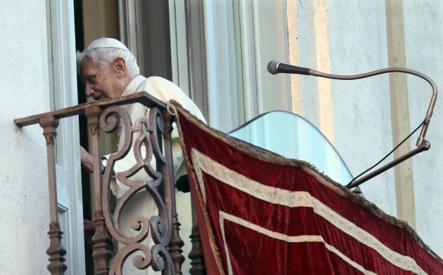 Pope Benedict XVI leaves after greeting the faithful from the balcony window of the papal summer residence of Castel Gandolfo, the scenic town where he will spend his first post-Vatican days and made his last public blessing as pope,Thursday, Feb. 28, 2013. (AP Photo/Alessandra Tarantino)