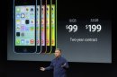 Phil Schiller, Apple's senior vice president of worldwide product marketing, speaks on stage during the introduction of the new iPhone 5c in Cupertino, Calif., Tuesday, Sept. 10, 2013. (AP Photo/Marcio Jose Sanchez)
