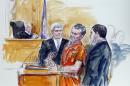 FILE- This Nov. 7, 2014 file artist rendering shows, Irek Hamidullin, front center, his attorney Robert Wagner, front left, and interpreter Ihab Samra, front right, as Judge Henry Hudson, left, listens in Federal Court in Richmond, Va. Sentencing for Hamidullin is scheduled Thursday, Dec. 3, 2015, at the federal court. (AP Photo/Dana Verkouteren, File)