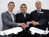 Airbus' President and CEO Bregier, Air France-KLM incoming Chief Executive de Juniac and Rolls-Royce's President of Civil Large Engines Schulz, shake hands after a signing ceremony at the 50th Paris Air Show near Paris
