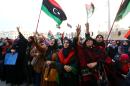 Libyan protesters take part in a rally in Tripoli's central Martyr's Square on February 13, 2015, in support of "Fajr Libya" (Libya Dawn), a mainly-Islamist alliance