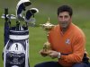 European team captain Jose Maria Olazabal poses with the trophy at the Ryder Cup PGA golf tournament Tuesday, Sept. 25, 2012, at the Medinah Country Club in Medinah, Ill. (AP Photo/David J. Phillip)