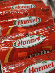 <p>               This Nov. 18, 2011 photo, shows Hormel food products, in Barre, Vt. Hormel Foods Corp.'s fiscal fourth-quarter net income fell 3 percent Tuesday, Nov. 22, 2011, as sales at its grocery products segment declined. (AP Photo/Toby Talbot)