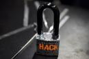 A padlock is displayed at the Alert Logic booth during the 2016 Black Hat cyber-security conference in Las Vegas