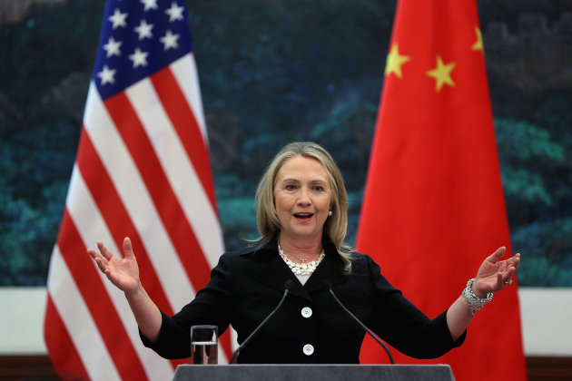 U.S. Secretary of State Hillary Rodham Clinton speaks during her joint conference with Chinese Foreign Minister Yang Jiechi at the Great Hall of the People in Beijing, China, Wednesday, Sept. 5, 2012. Talks between Clinton and Chinese leaders Wednesday failed to narrow gaps on how to end the crisis in Syria and how to resolve Beijing's territorial disputes with its smaller neighbors over the South China Sea. (AP Photo/Feng Li, Pool)