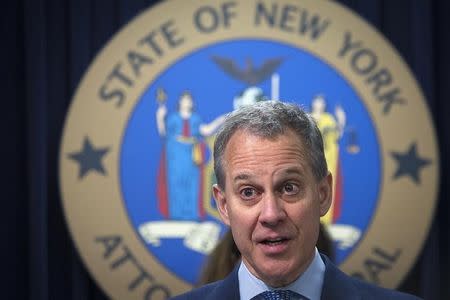 New York State Attorney General Schneiderman speaks during news conference about settlement announced against Bank Of America in Manhattan borough of ...