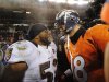 Baltimore Ravens inside linebacker Ray Lewis talks with Denver Broncos quarterback Peyton Manning (18) after the Ravens won 38-35 in overtime of an AFC divisional playoff NFL football game, Saturday, Jan. 12, 2013, in Denver. (AP Photo/Jack Dempsey)