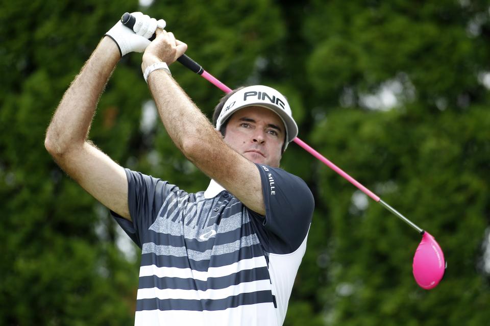 Bubba Watson hits his tee shot on the ninth hole during the first round of the Travelers Championship golf tournament, Thursday, June 25, 2015, in...