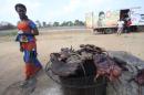 A woman walks past dried bushmeat near a road of the Yamoussoukro highway
