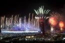 Fireworks explode over the Olympic Stadium at the closing ceremony of the 2012 Summer Olympics, Monday, Aug. 13, 2012, in London. (AP Photo/Ben Curtis)