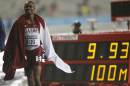 Qatar's Femi Ogunode stands by his race time after setting a games record in winning the men's 100 meters final at the 17th Asian Games in Incheon, South Korea, Sunday, Sept. 28, 2014. (AP Photo/Dita Alangkara)