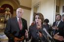 In this Feb. 27, 2015, photo, House Democratic Leader Nancy Pelosi of Calif., accompanied by House Minority Whip Steny Hoyer of Md., voice their objections to the Republican majority during a delay in voting for a short-term spending bill for the Homeland Security Department during a news conference on Capitol Hill in Washington. Democrats didn't get all they wanted in Congress' struggle over Homeland Security, but many feel they are winning a broader political war that will haunt Republicans in 2016 and beyond. "It's a staggering failure of leadership that will prolong this manufactured crisis of theirs and endanger the security of the American people," said Pelosi. (AP Photo/J. Scott Applewhite)