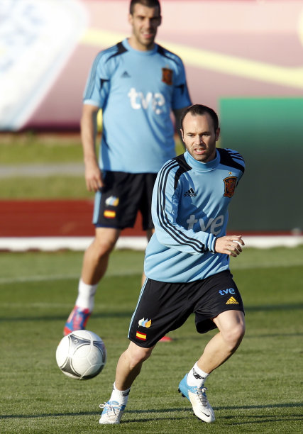 Spain's Iniesta and Negredo attend a training session at Gniewino
