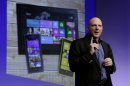 Microsoft CEO Steve Ballmer gives his presentation at the launch of Microsoft Windows 8, in New York, Thursday, Oct. 25, 2012. Windows 8 is the most dramatic overhaul of the personal computer market's dominant operating system in 17 years. (AP Photo/Richard Drew)