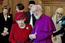 FILE - Britain's Queen Elizabeth II, front left, talks with the Archbishop of Canterbury Rowan Williams, in London as they attend a multi-faith reception to mark the Diamond Jubilee of the Queen's Accession to the throne when as part of her title she became Defender of the Faith, in this file photo dated Wednesday, Feb. 15, 2012. In an interview published Saturday Sept. 8, 2012, in Britain's Daily Telegraph newspaper, Williams said the Anglican Church is planning to give some of the global duties of the Archbishop of Canterbury to a "presidential" figure so the archbishop can concentrate on leading the Church of England, and admitted he didn't do enough to prevent divisions in the Anglican church over homosexuality. (AP Photo/Matt Dunham, File)