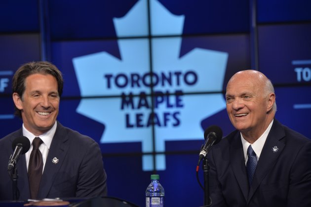 Toronto Maple Leafs President Brendan Shanahan, left, and Lou Lamoriello smile at a news conference to announce Lamoriello has been named the new gene...