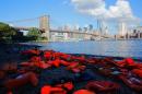 Life jackets collected from the beaches of Chios, Greece, are displayed at the Brooklyn Bridge park ahead of the UN Summit for Refugees and Migrants in New York