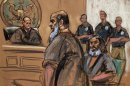 Terror suspects Khalid al-Fawwaz and Adel Abdul Bary are seen in this courtroom sketch during a court appearance in Manhattan Federal Court in New York