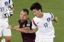 Russia's Sergei Ignashevich, left, and South Korea's Lee Chung-yong (17) go for a header during the group H World Cup soccer match between Russia and South Korea at the Arena Pantanal in Cuiaba, Brazil, Tuesday, June 17, 2014. (AP Photo/Thanassis Stavrakis)