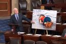 In this video frame grab image from U.S. Senate Television, Sen. John McCain, R-Ariz., displays a photo of the body of a three year-old Syrian refugee as he urged stronger leadership from President Barack Obama on Syria, on the Senate floor, Wednesday, Sept. 9, 2015 at the Capitol in Washington. McCain stood next to an enlarged, close-up photo of Aylan Kurdi, who drowned on a voyage with his family. He said the photo has "opened the world's eye to this devastating crisis." (US Senate Television via AP)