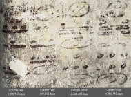 This undated image made available by National Geographic shows four long numbers on the north wall of a ruined house related to the Maya calendar and computations about the moon, sun and possibly Venus and Mars; the dates stretch some 7,000 years into the future. Archaeologists have found the small room where royal scribes apparently used walls like a blackboard to keep track of astronomical records and the society's intricate calendar some 1,200 years ago. Anthony Aveni of Colgate University, along with William Saturno of Boston University and others, are reporting the discovery in the Friday, May 11, 2012 issue of the journal Science. (AP Photo/National Geographic, Tyrone Turner)