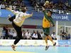 Ribeiroo of Brazil scores against goalkeeper Schulz of Argentina during the men's handball gold medal match at the Pan American Games in Guadalajara