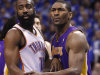 Los Angeles Lakers forward Metta World Peace, left, and Oklahoma City Thunder guard James Harden (13) jockey for position as they wait for the ball to be inbounded during the first quarter of Game 1 in the second round of the NBA basketball playoffs, in Oklahoma City, Monday, May 14, 2012. (AP Photo/Sue Ogrocki)
