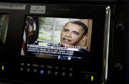 President Barack Obama is seen on a monitor in the White House briefing room in Washington, Wednesday, May 9, 2012. President Barack Obama told an ABC interviewer that he supports gay marriage.   (AP Photo/Carolyn Kaster)