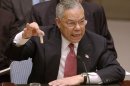 FILE - Secretary of State Colin Powell holds up a vial he said could contain anthrax as he presents evidence of Iraq's alleged weapons programs to the United Nations Security Council in this Feb. 5, 2003 file photo. Israeli Prime Minister Benjamin Netanyahu's use of a cartoon-like drawing of a bomb to convey a message over Iran's disputed nuclear program this week, follows in a long and storied tradition of leaders and diplomats using props to make their points at the United Nations. (AP Photo/Elise Amendola, File)
