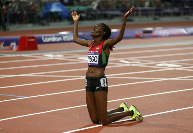 Kenya's Sally Jepkosgei Kipyego celebrates finishing second in the women's 10000m final during the London 2012 Olympics Games at the Olympic Stadium