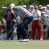 Keegan Bradley reacts to missing a putt for birdie on the second green during the third round of the Byron Nelson Championship golf tournament Saturday, May 18, 2013, in Irving, Texas. Bradley hit for par on the hole. (AP Photo/Tony Gutierrez)