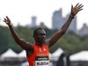 Rudisha of Kenya celebrates winning the men's 800 metres race at the Diamond League New York Grand Prix athletics meet