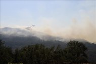 Medios aéreos trabajan en la extinción del incendio de pasto, matorral y roble que ha afectado a la localidad cacereña de Santibáñez el Alto. EFE/Archivo