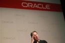 Oracle CEO Larry Ellison speaks at the company's headquarters in Redwood City