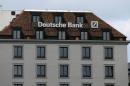 A logo is pictured on the Deutsche Bank building in Geneva