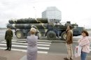 A Belarusssian S-300 mobile missile launching system drives to take part in a rehearsal for the Independence Day parade in central Minsk