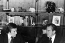 File - David Frost, left, talks with former President Richard Nixon in this March 1977 b/w file photo prior to the taping of his interview with the former President. Veteran broadcaster David Frost, who won fame around the world for his interview with former President Richard Nixon, has died, his family told the BBC. He was 74. Frost died of a heart attack on Saturday night aboard the Queen Elizabeth cruise ship, where he was due to give a speech, the family said. The cruise company Cunard says its vessel had left the English port of Southampton on Saturday for a 10-day cruise in the Mediterranean. (AP Photo, File) EDITORIAL USE ONLY