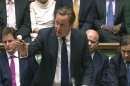 In this image taken from video, Britain's Prime Minister David Cameron, centre, speaks during a debate on Syria, in Britain's parliament, London, Thursday August 29, 2013. Britain's leaders said Thursday it would be legal under humanitarian doctrine to launch a military strike against Syria even without authorization from the United Nations Security Council, but it is not certain how much support there is for the government's resolution on Syria. Behind Cameron are British Foreign Secretary William Hague, obscured 2nd right, and Deputy Prime Minister Nick Clegg, left. (AP Photo / PA) UNITED KINGDOM OUT - NO SALES - NO ARCHIVES