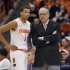 Syracuse coach Jim Boeheim talks with Michael Carter-Williams during the first half against Detroit in an NCAA college basketball game in Syracuse, N.Y., Monday, Dec. 17, 2012. (AP Photo/Kevin Rivoli)