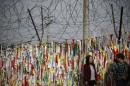 A barbed wire fence decorated with South Korean national flags is pictured near the demilitarized zone