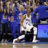 Oklahoma City Thunder guard Russell Westbrook (0) reacts after hitting a basket against the Los Angeles Lakers in the third quarter of Game 5 in their NBA basketball Western Conference semifinal playoff series, Monday, May 21, 2012, in Oklahoma City. (AP Photo/Sue Ogrocki)