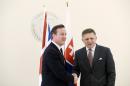 Slovakia's Prime Minister Robert Fico, right, welcomes British Prime Minister David Cameron, left, in Bratislava, Slovakia, Friday, June 19, 2015. (AP Photo/Petr David Josek)