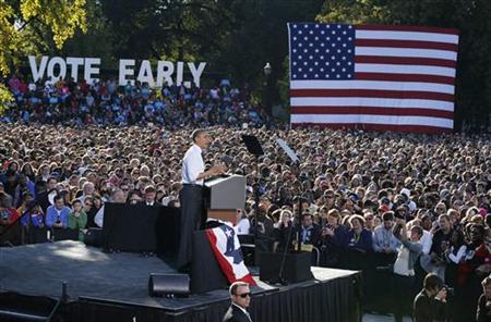 U.S. President Barack Obama speaks at a campaign event in The Oval at Ohio State University in Columbus, Ohio October 9, 2012, ending a three day campaign swing to California and Ohio. REUTERS/Larry Downing