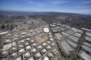 The Tesoro oil refinery is viewed from the air in Carson, California