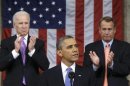 Il presidente degli Stati Uniti Barack Obama ieri alla Camera dei rappresentanti per il discorso sullo Stato dell'Unione. Alla sua sinistra il vicepresidente Joe Biden, a destra lo speaker della Camera John Boehner