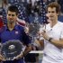 Britain's Murray and Serbia's Djokovic hold their trophies after Murray defeated Djokovic in the men's singles final match at the U.S. Open tennis tournament in New York