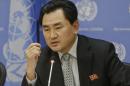 An Myong Hun, Deputy Permanent Representative for North Korea reacts to a question regarding the November hacking of Sony Pictures Entertainment during a news conference Tuesday, Jan. 13, 2015, at the United Nations headquarters. (AP Photo/Frank Franklin II)