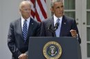 U.S. President Barack Obama speaks next to Vice President Joe Biden at the Rose Garden of the White House