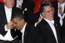 U.S. President Obama and Republican presidential candidate Romney are pictured on stage at the 67th Annual Alfred E. Smith Memorial Foundation dinner in New York