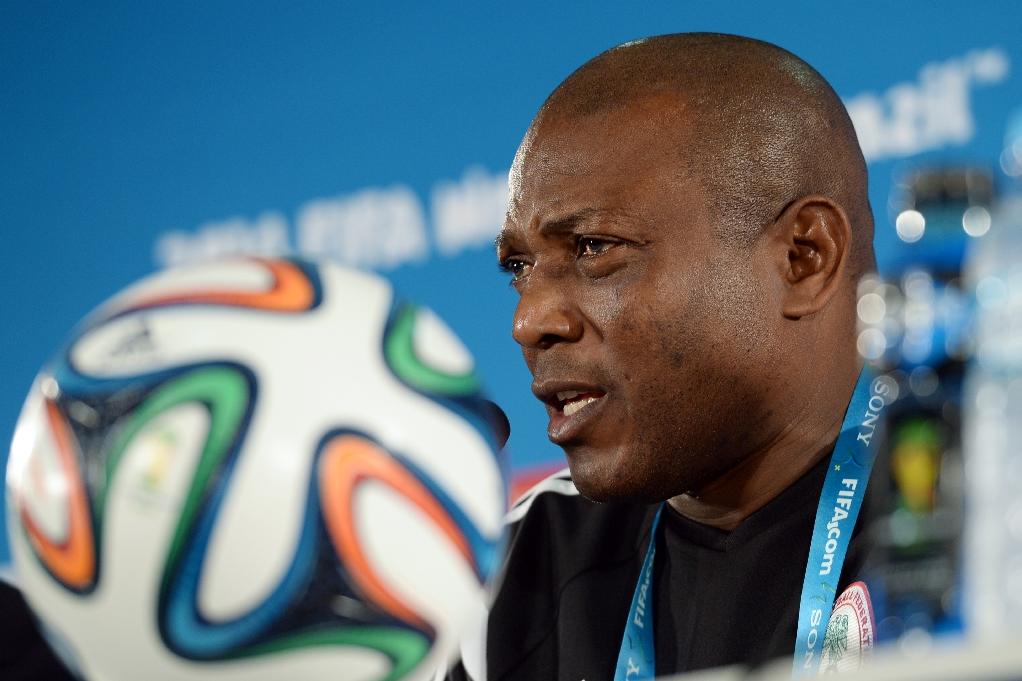 Nigeria's coach Stephen Keshi addresses a press conference in Brasilia on June 29, 2014